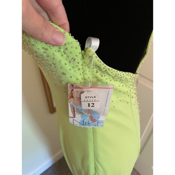 New Niki Livas Lime Green Evening Dress Gown Sz 12 Rhinestone Halter Open Back - Picture 7 of 13